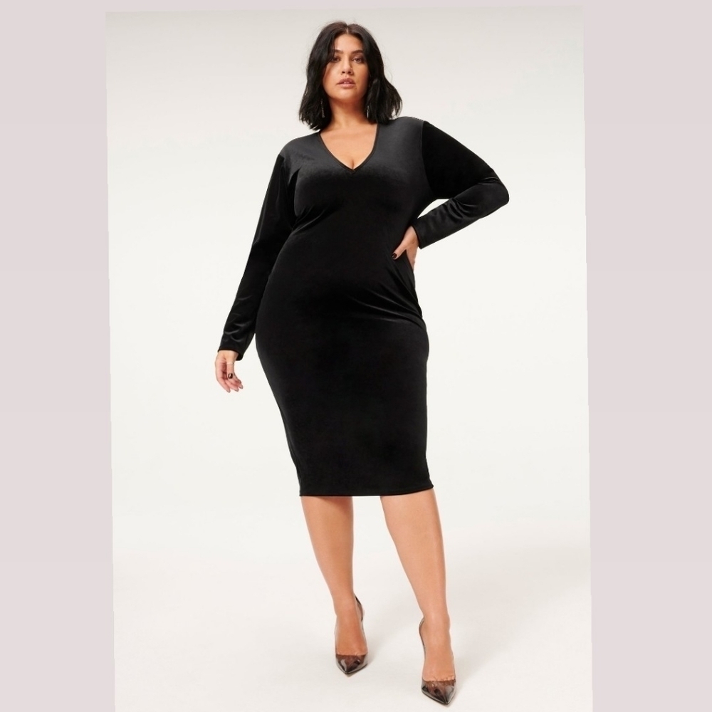 Good American Velvet Deep V Midi Dress In Black Size 6